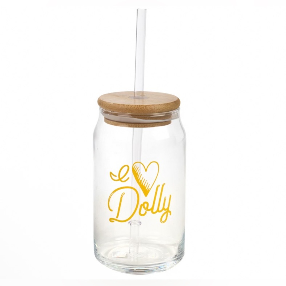 I Love Dolly Glass Tumbler w Bamboo Lid & Straw